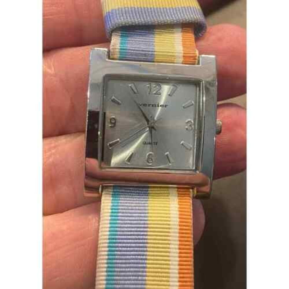 Women's 28mm silver Tone Vernier Watch, Multicolor Canvas Band